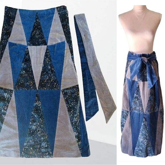 VTG 70s Glen of Michigan Blue Velvet Floral Patchwork Quilted Maxi Skirt Small - Picture 5 of 13